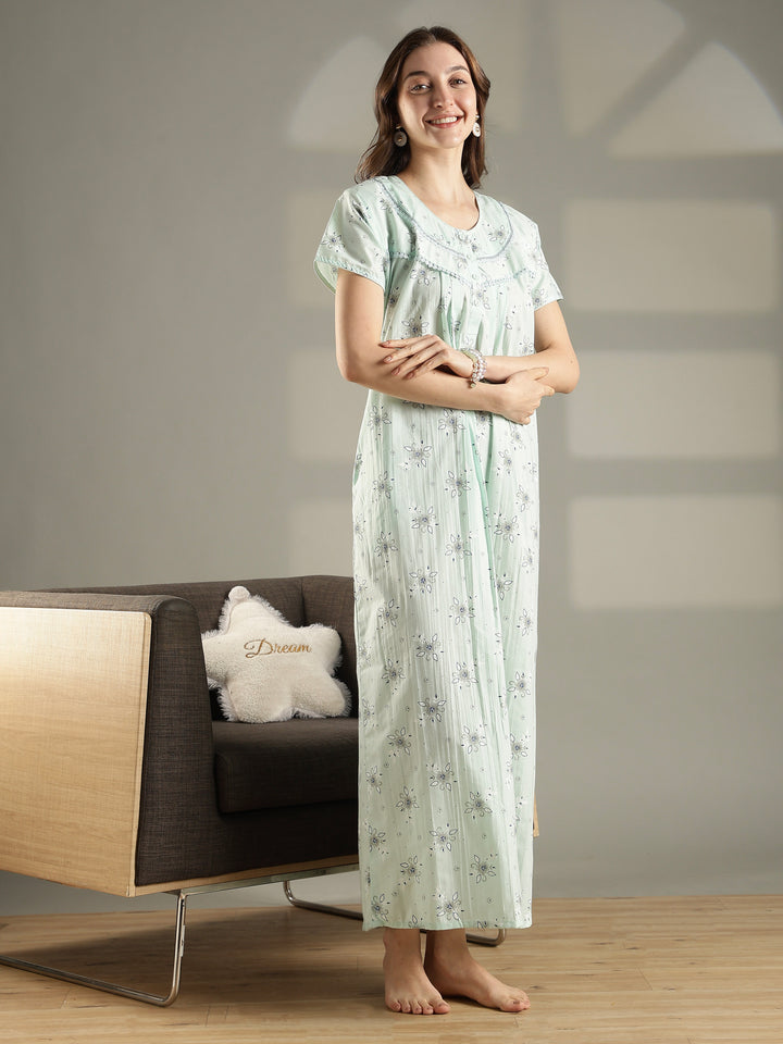 Pastel green floral cotton summer night dress for women