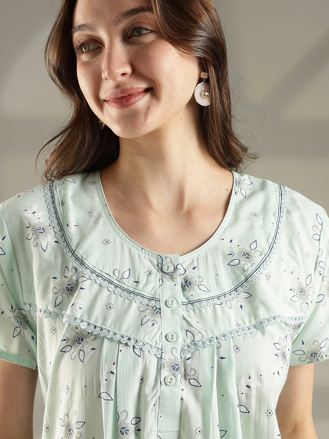 Pastel green floral cotton summer night dress for women