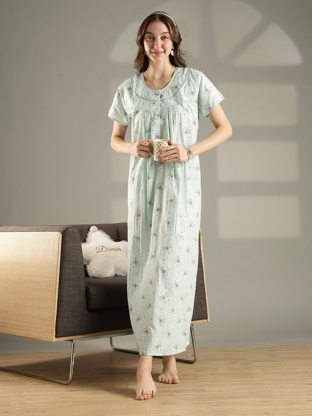Pastel green floral cotton summer night dress for women