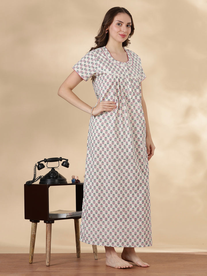 Leaf green soft 100% pure cotton nighty for ladies online