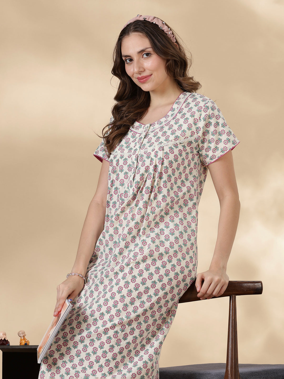 Leaf green soft 100% pure cotton nighty for ladies online