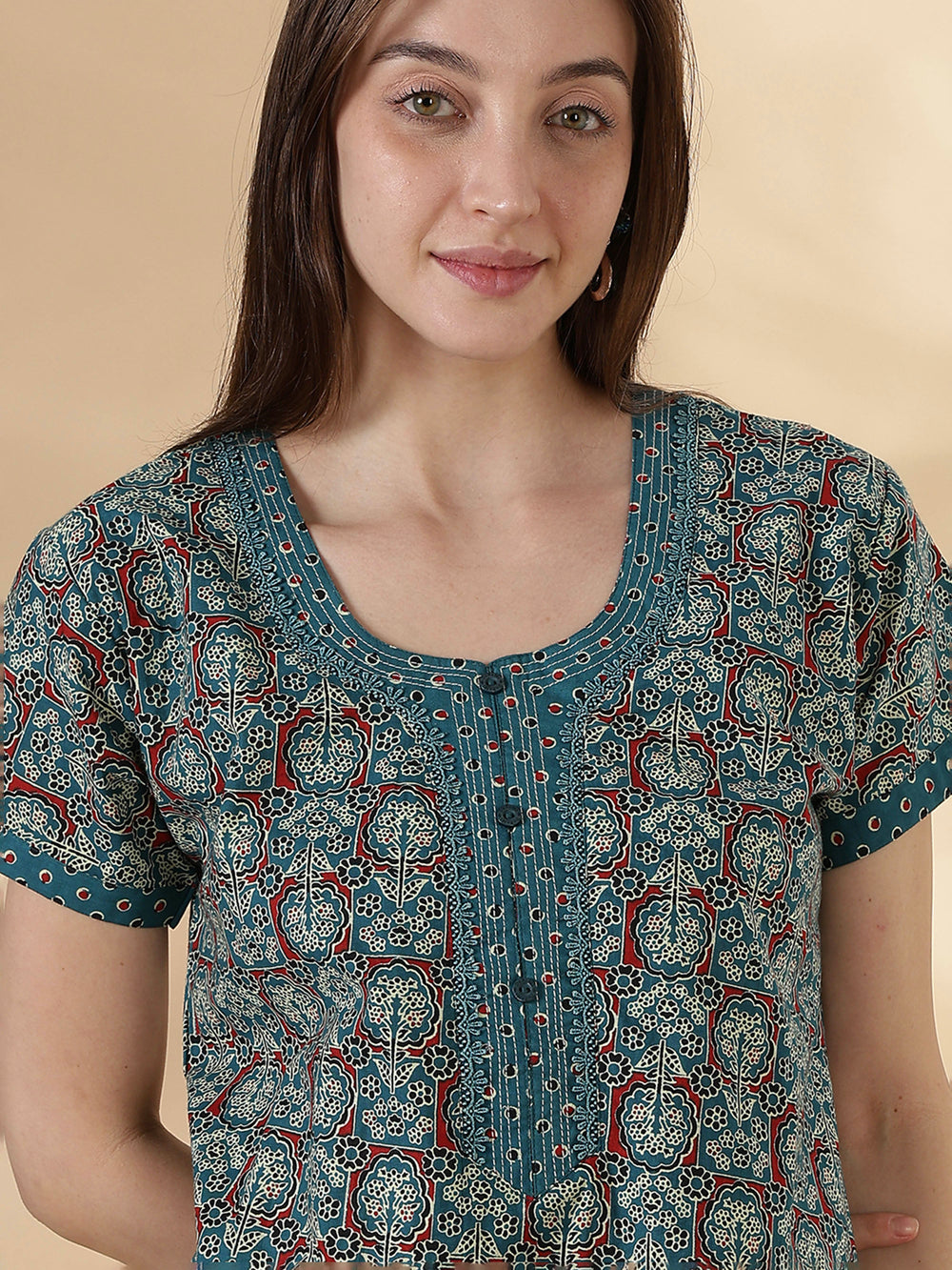 Comfortable ajrakh print teal floral cotton nighty for women