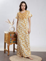 Pure Cotton Kantha Work Nighty for Women in Amber Floral Print