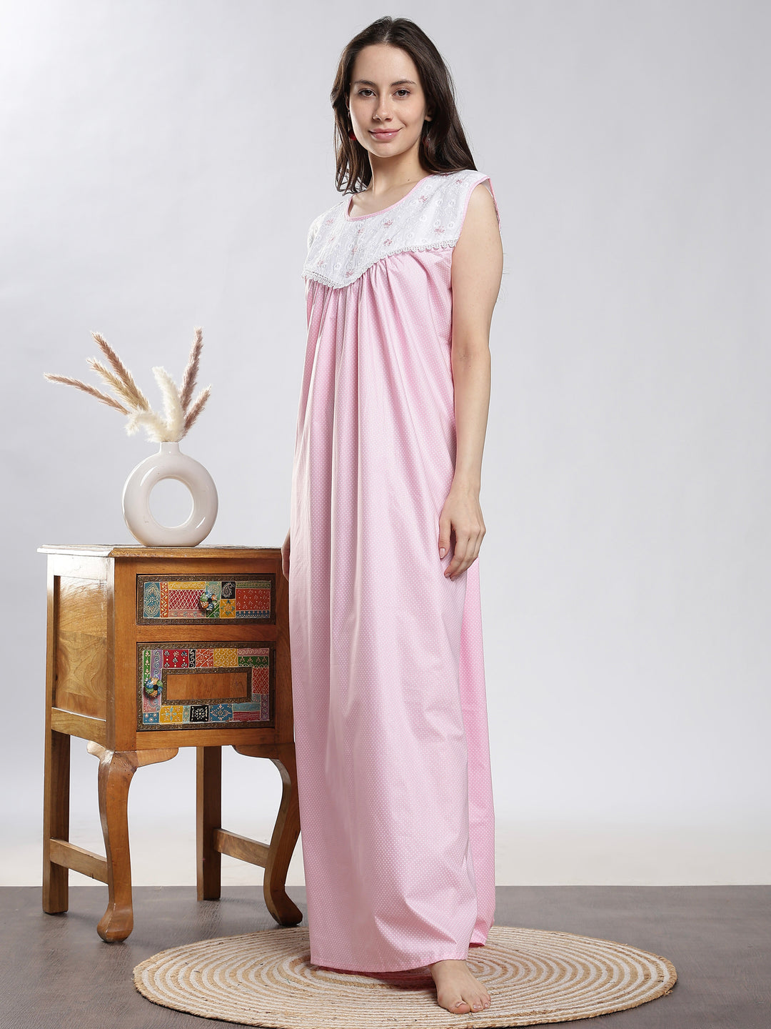 Shop Pure Cotton Dot Pink Sleeveless Night Dress For Women Cotton / XXL/50