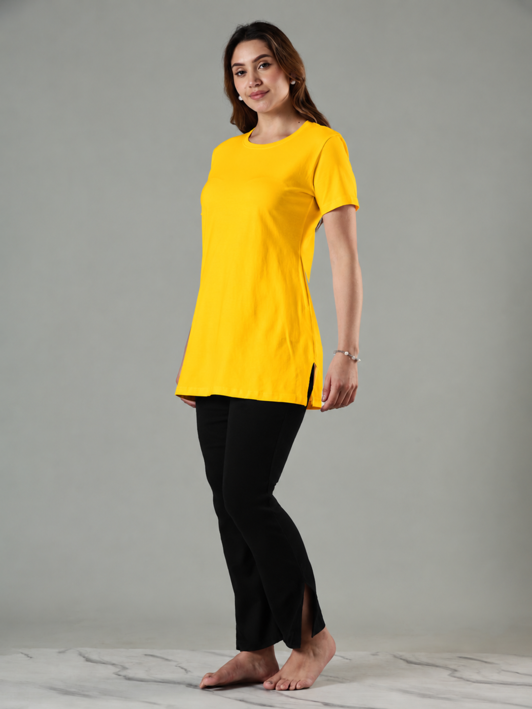 Fire yellow hosiery cotton yoga t shirt for women online