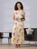 Rayon Floral A Line Cream Nighty with Frill Sleeves and Lace Neck