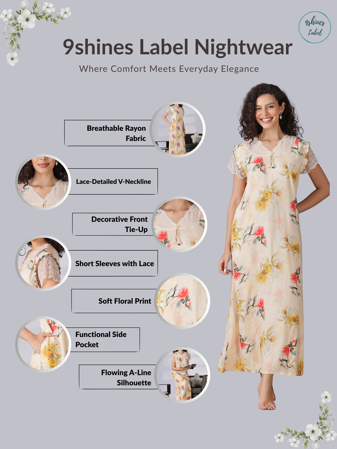 Rayon floral a line cream summer nighty for women