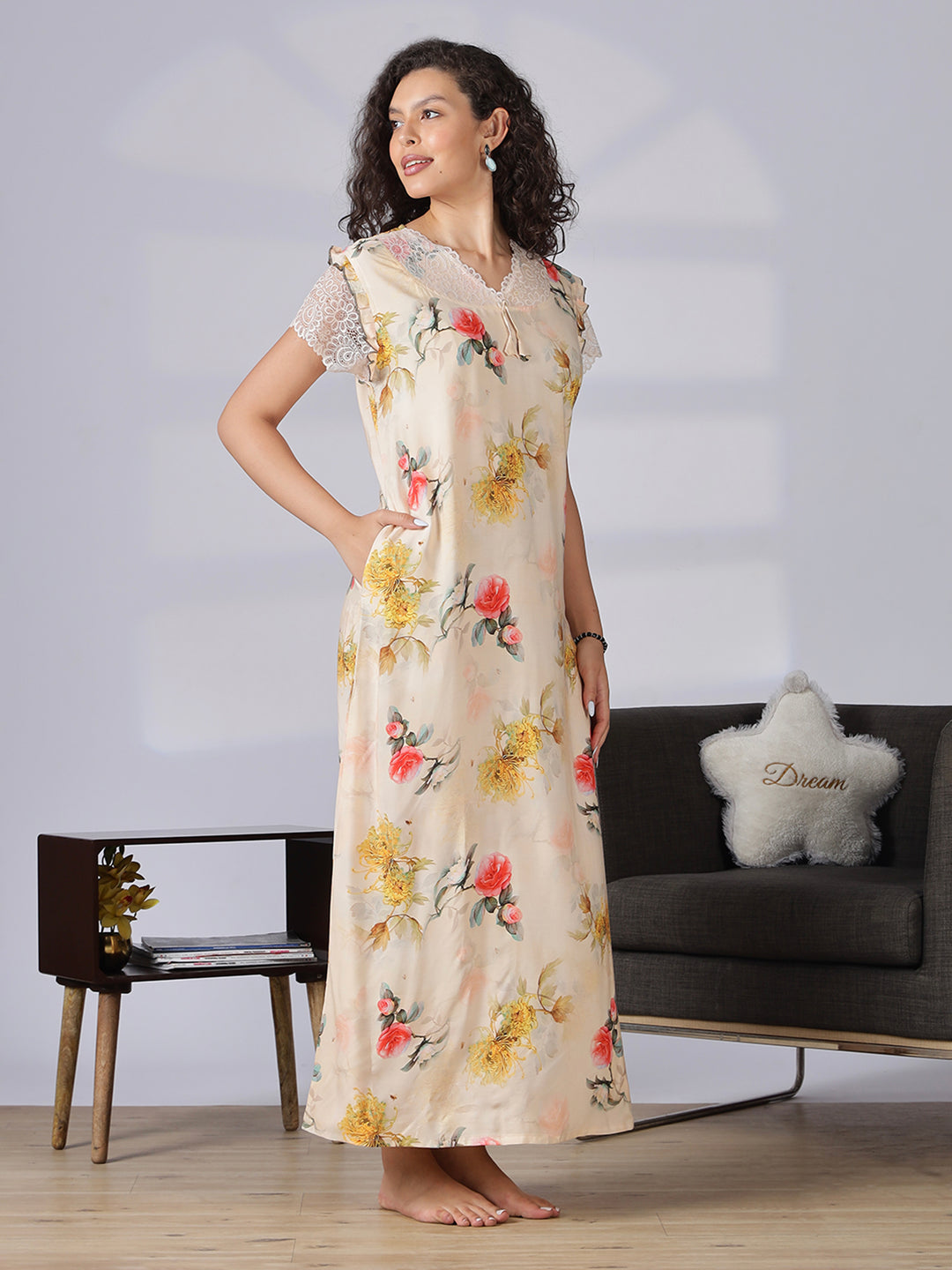 Rayon floral a line cream summer nighty for women