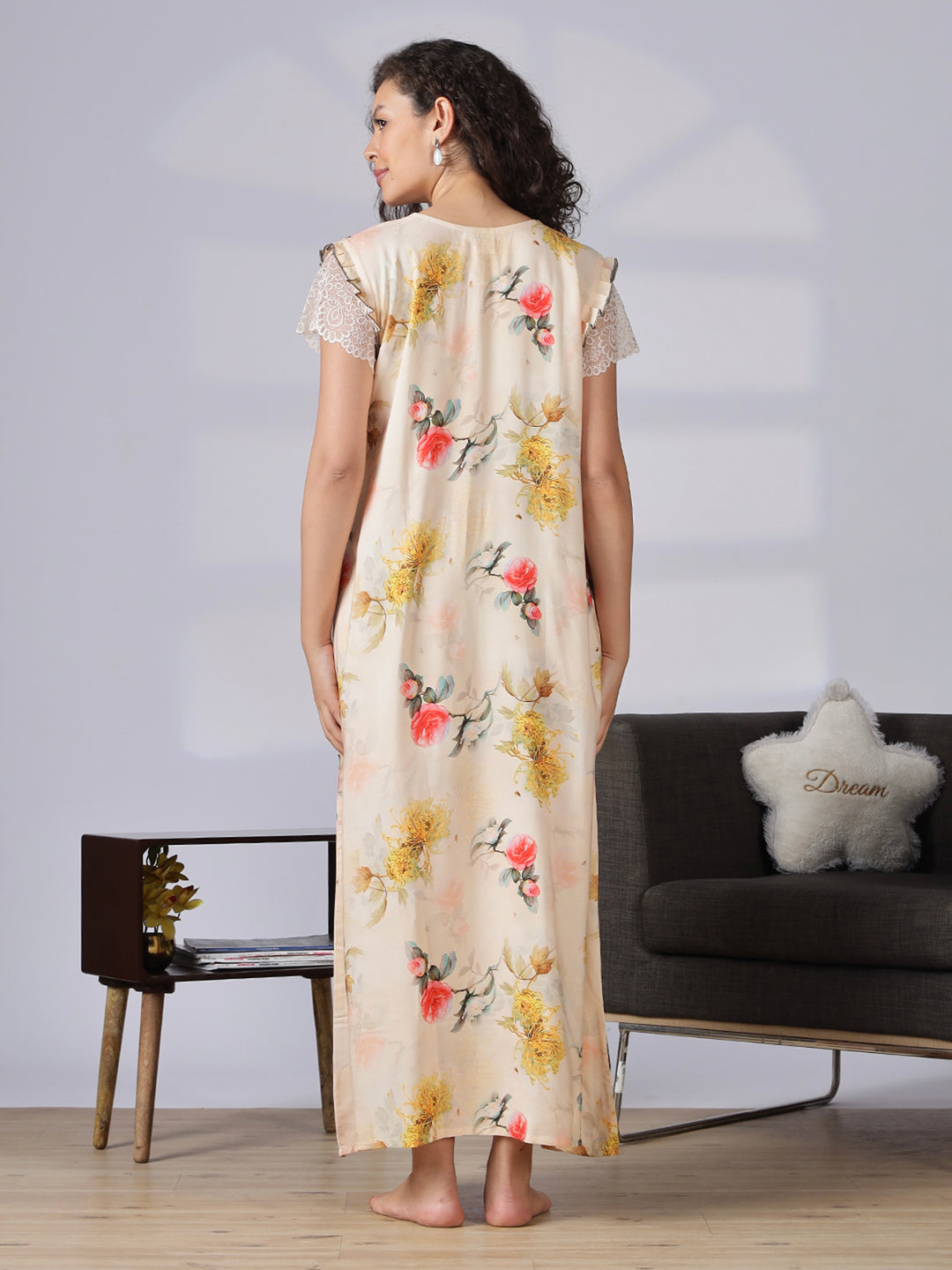 Rayon floral a line cream summer nighty for women