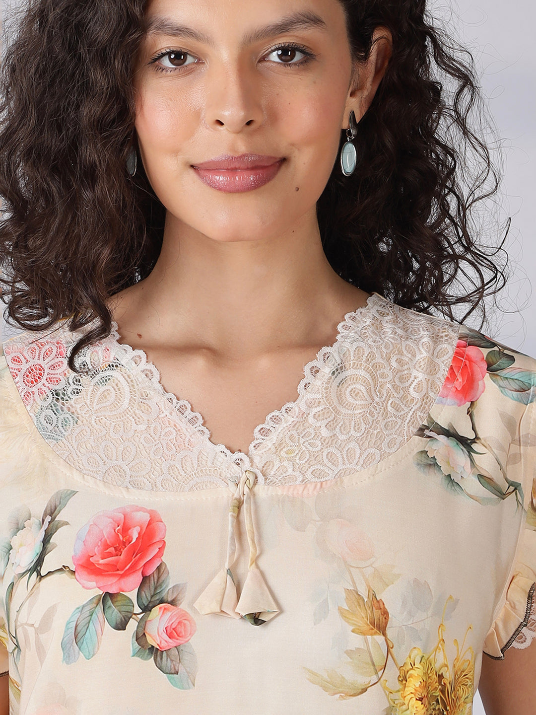 Rayon floral a line cream summer nighty for women