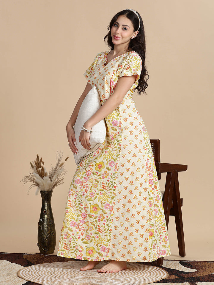 Cream orange jaipuri pure cotton nighty for women for summer