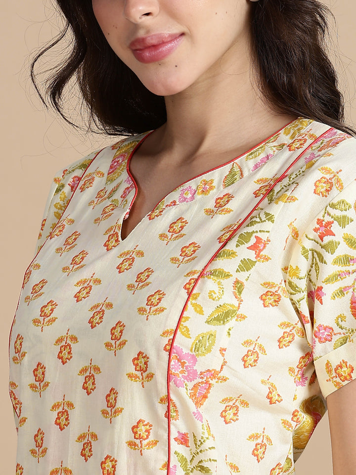 Cream orange jaipuri pure cotton nighty for women for summer