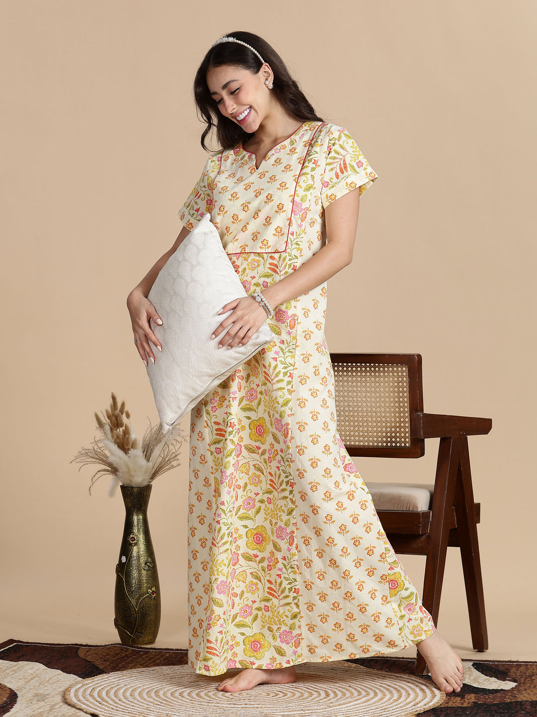 Cream orange jaipuri pure cotton nighty for women for summer