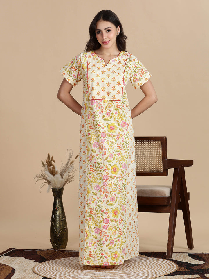 Cream orange jaipuri pure cotton nighty for women for summer