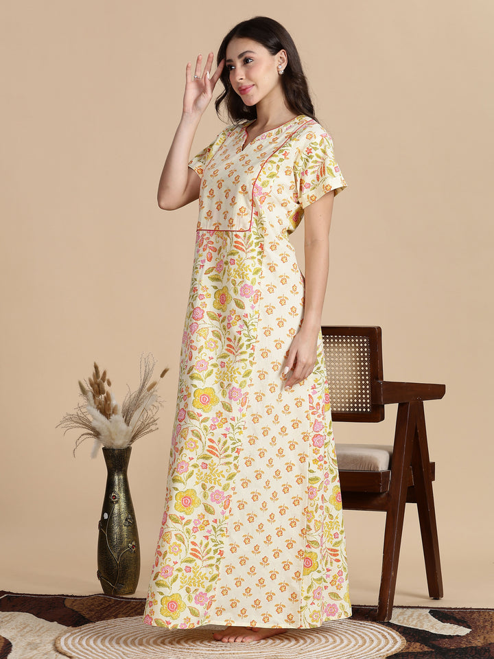 Cream orange jaipuri pure cotton nighty for women for summer