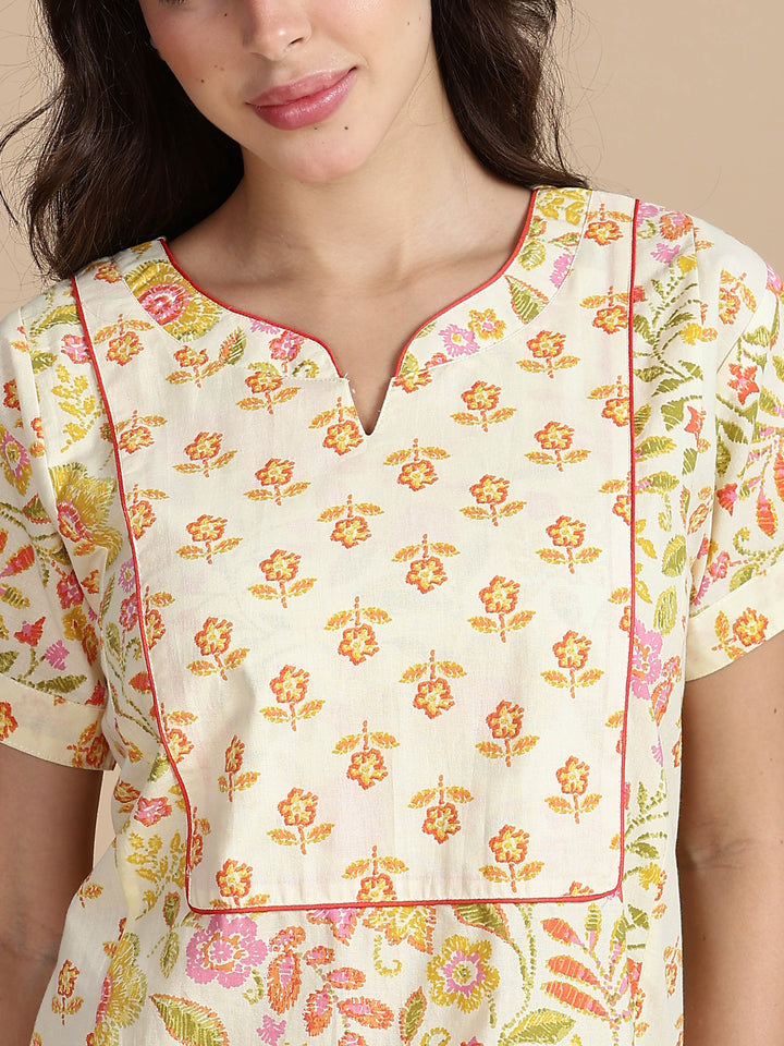 Cream orange jaipuri pure cotton nighty for women for summer