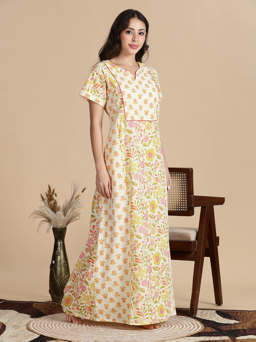 Cream orange jaipuri pure cotton nighty for women for summer