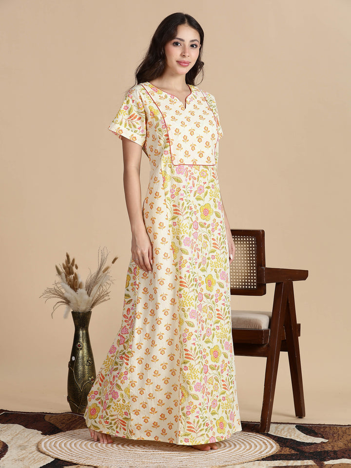 Cream orange jaipuri pure cotton nighty for women for summer