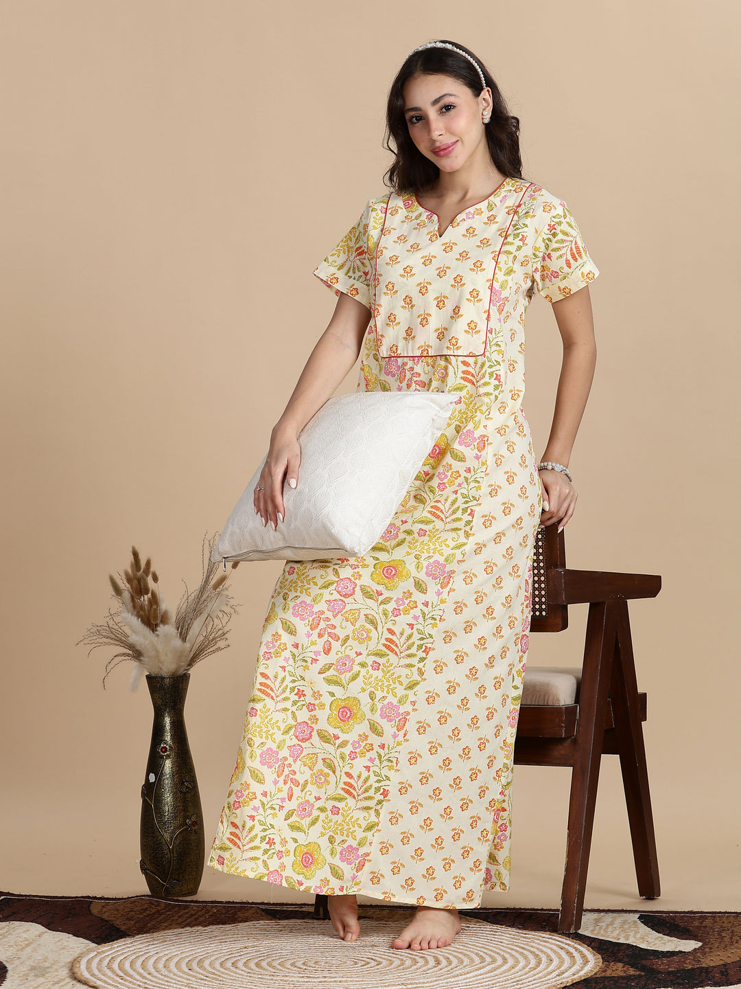 Cream orange jaipuri pure cotton nighty for women for summer