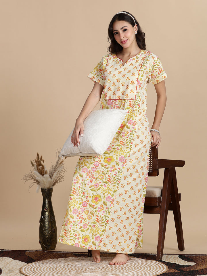 Cream orange jaipuri pure cotton nighty for women for summer