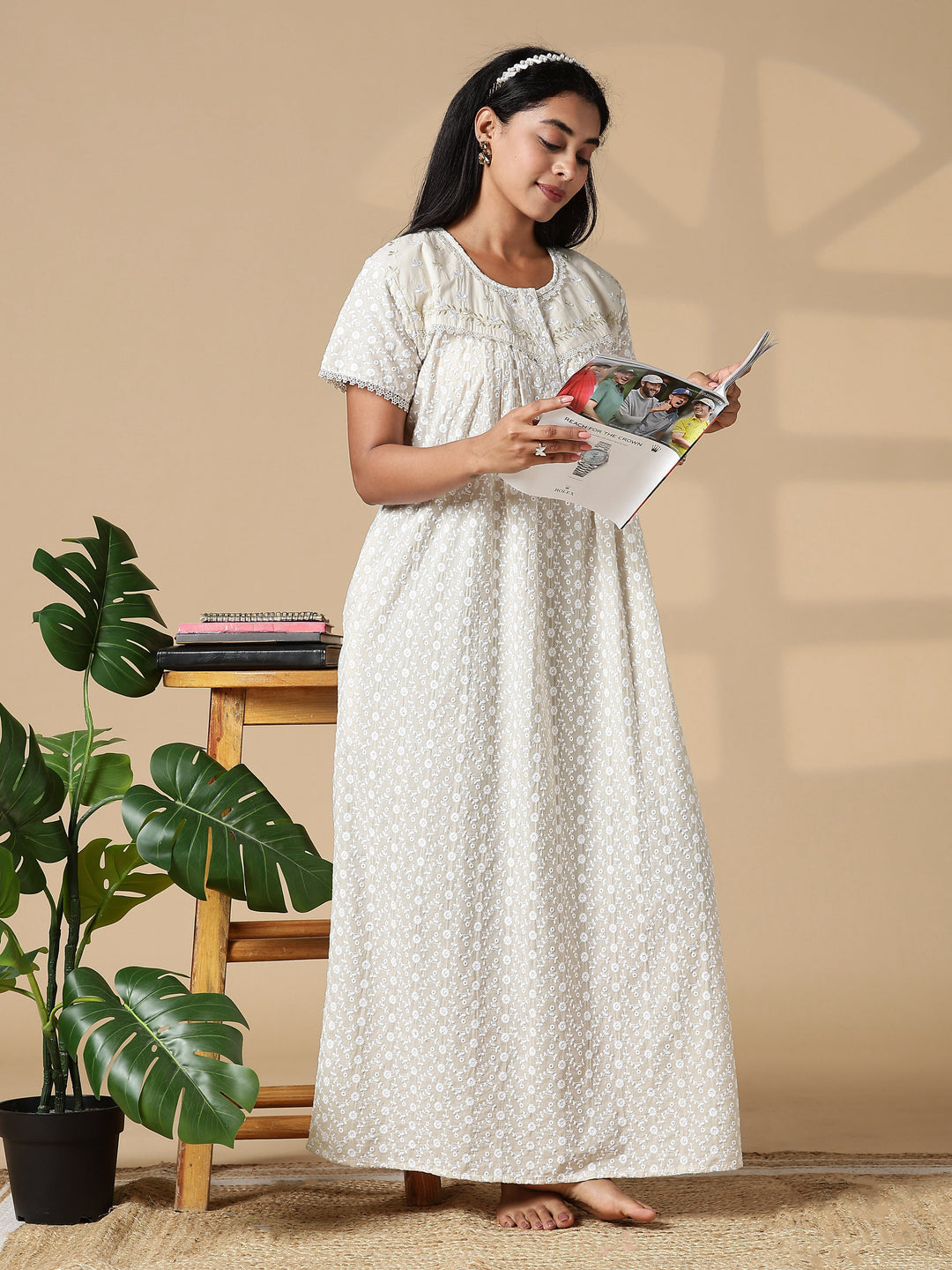 Creamish branded pure cotton nighty for women In India