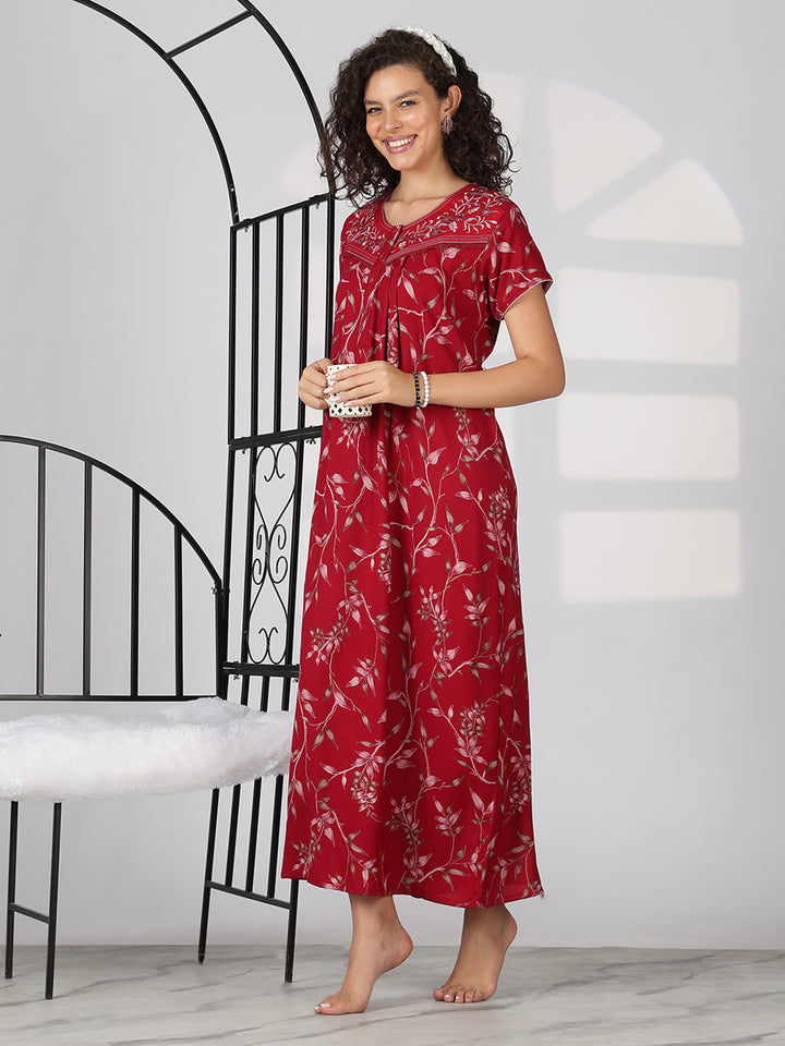 Crimson red floral alpine nighty dress for Women