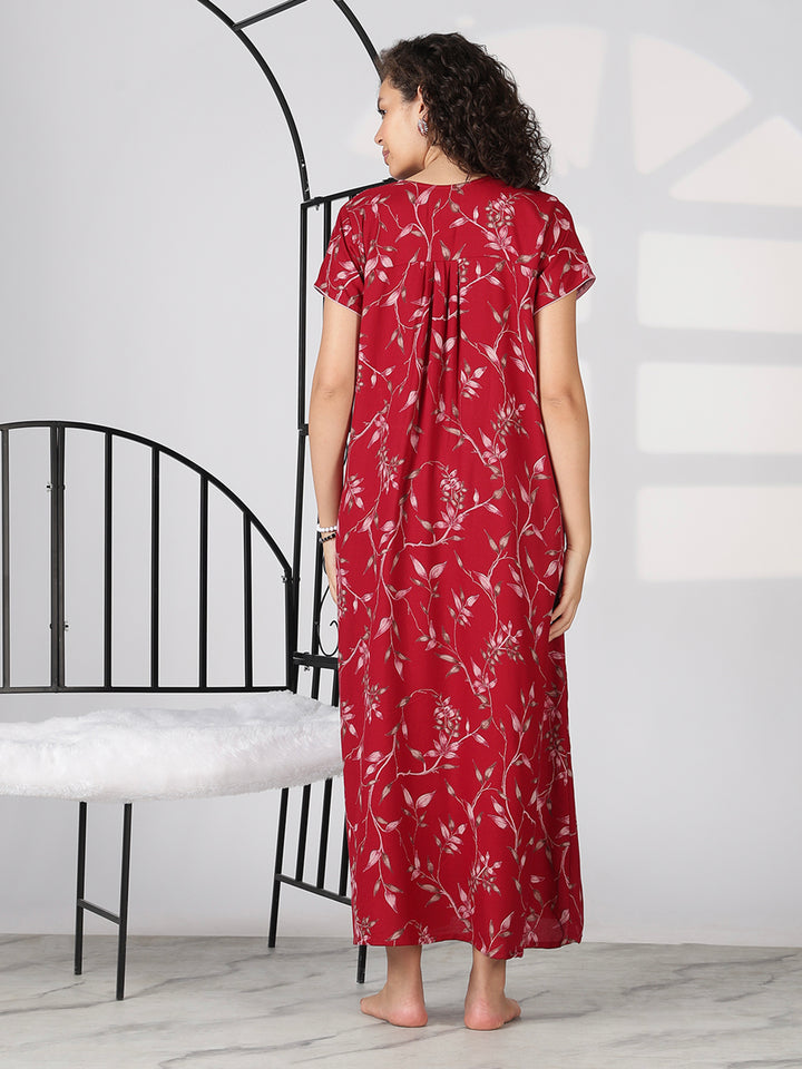 Crimson red floral alpine nighty dress for Women