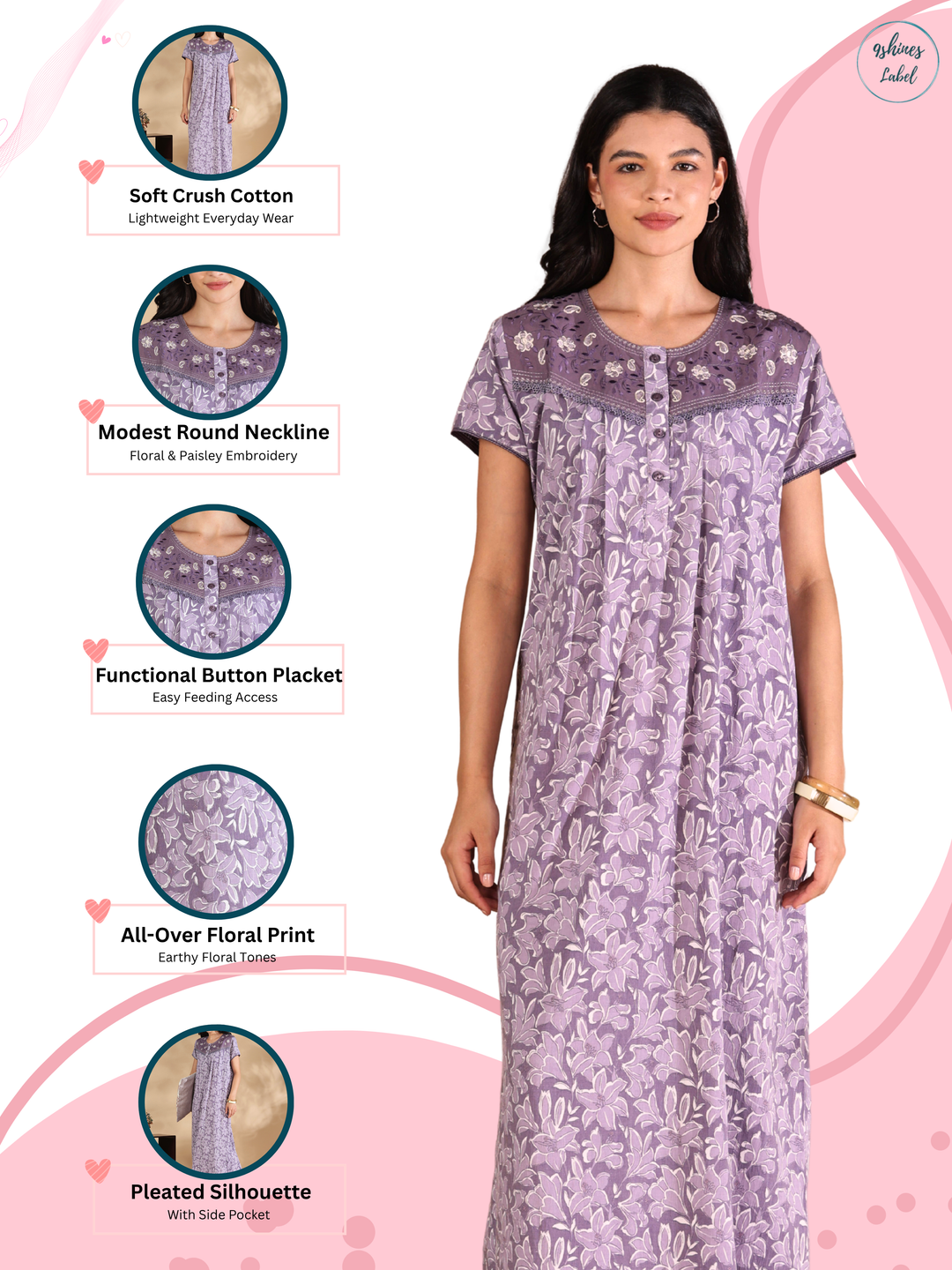Lavender crush cotton designer nighty for women online.