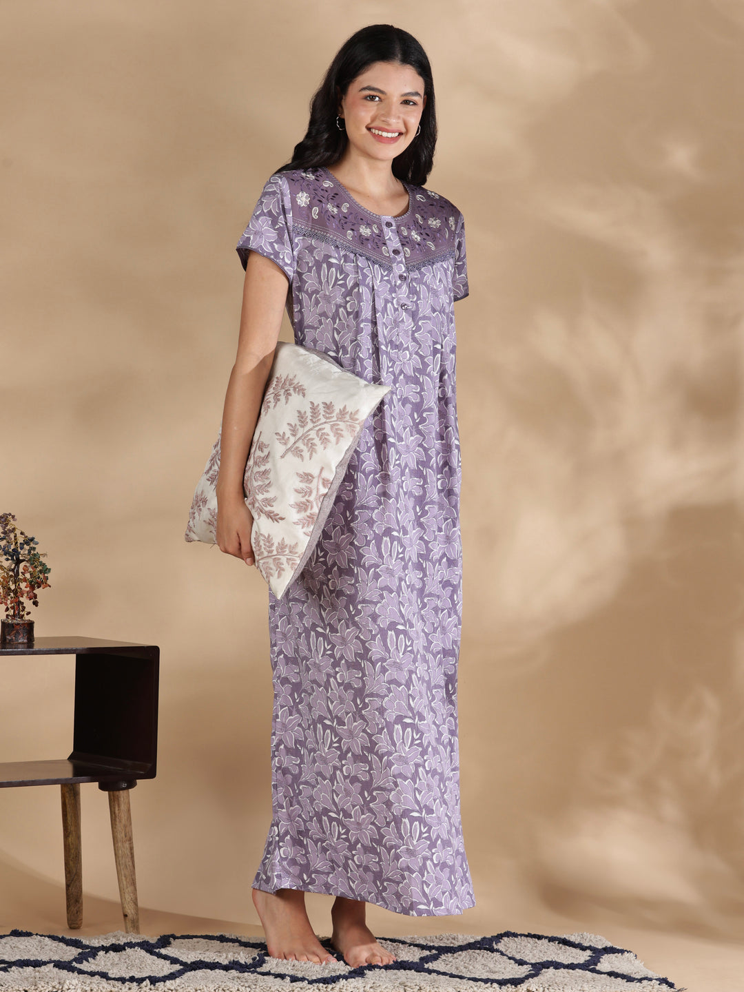 Lavender crush cotton designer nighty for women online.
