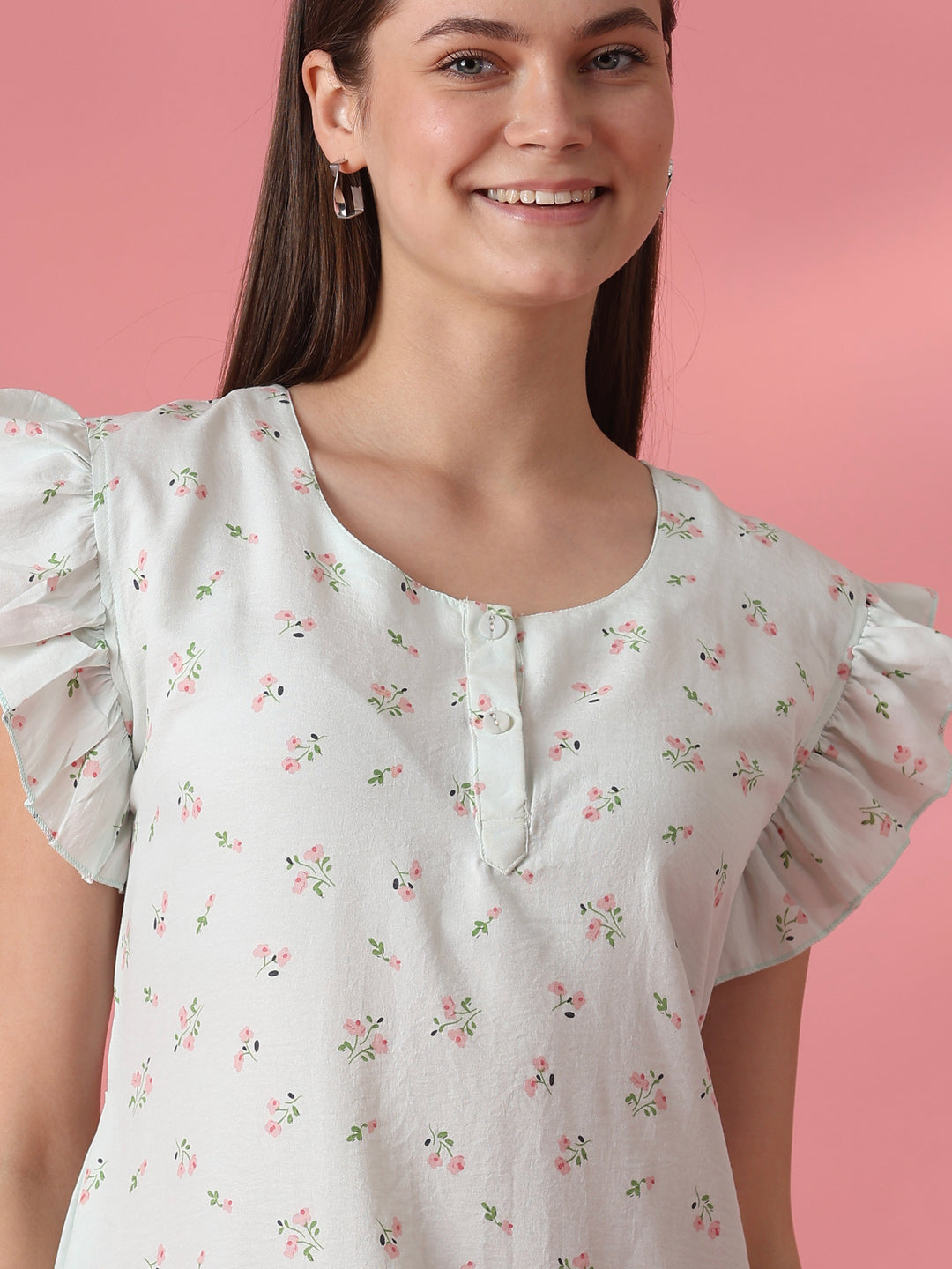 Pastel sage floral crush cotton short nighty for women