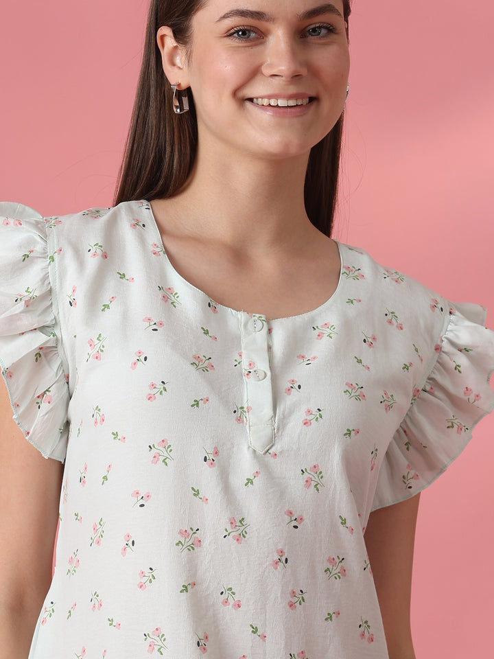 Pastel sage floral crush cotton short nighty for women