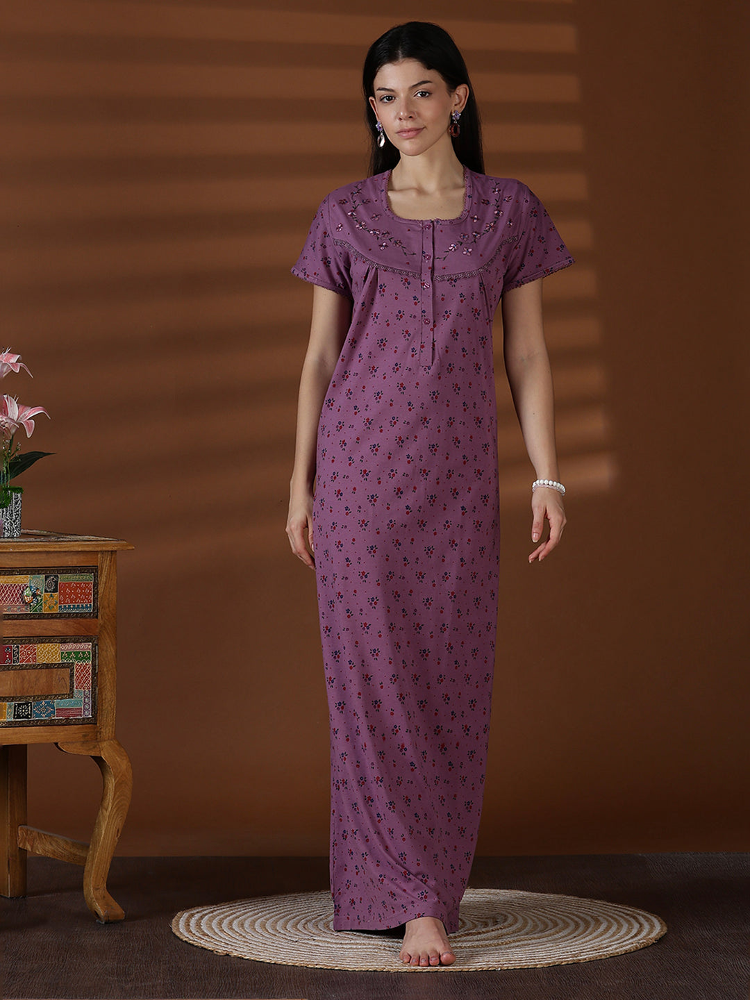 Cotton blend soft daily wear nighty for women in violet
