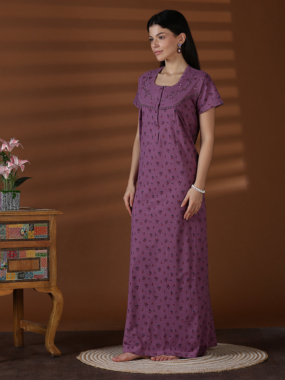 Cotton blend soft daily wear nighty for women in violet