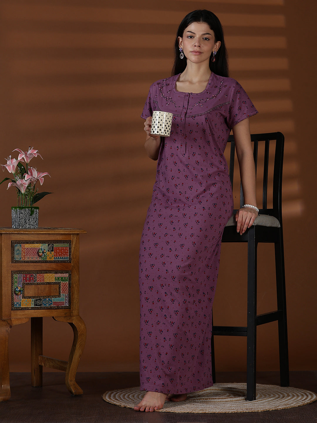 Cotton blend soft daily wear nighty for women in violet