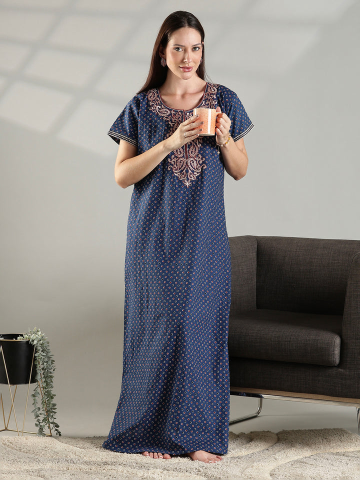 Blue soft daily wear pure cotton nighty for women