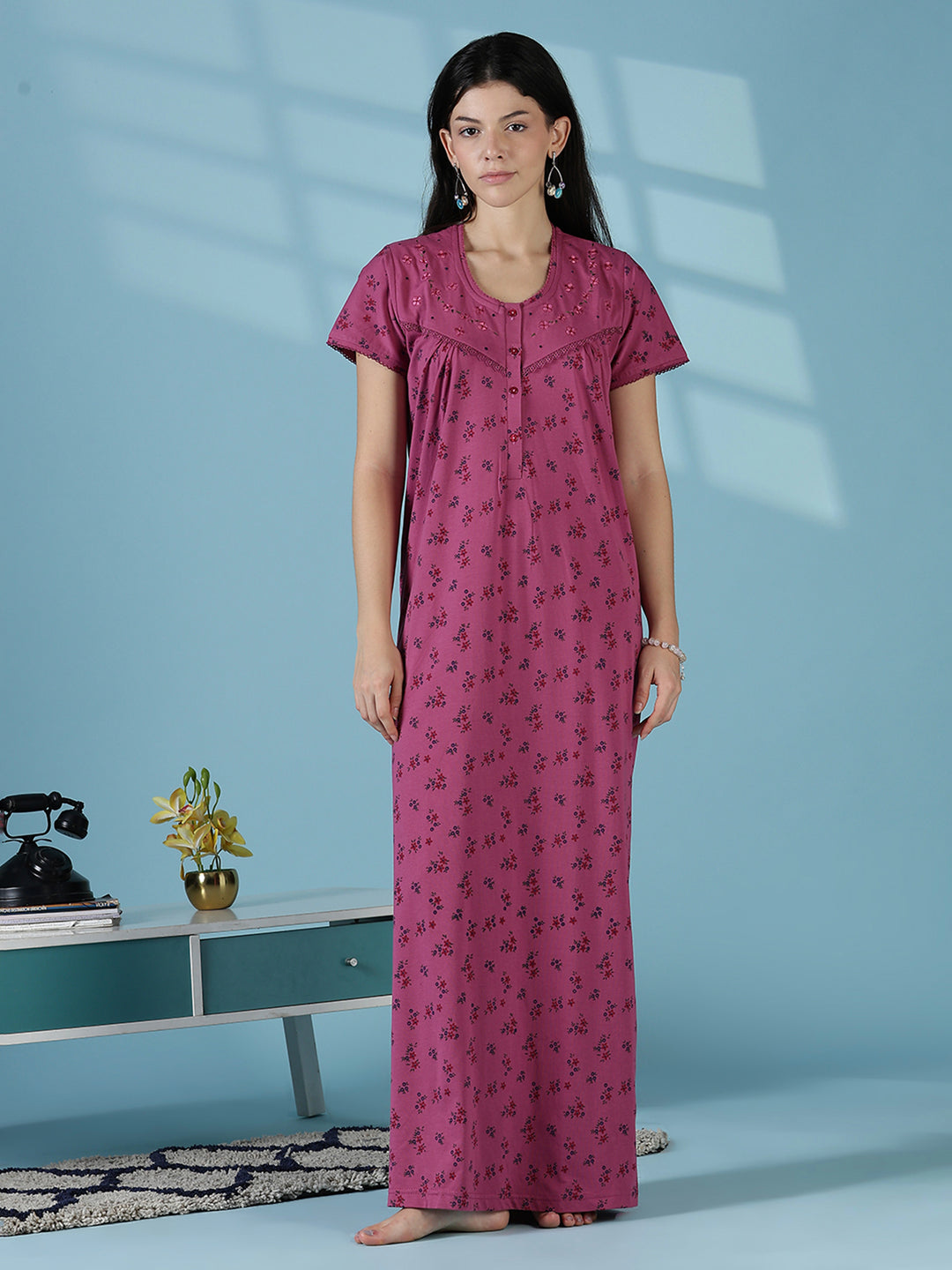 Rose floral daily wear soft sleepwear for women