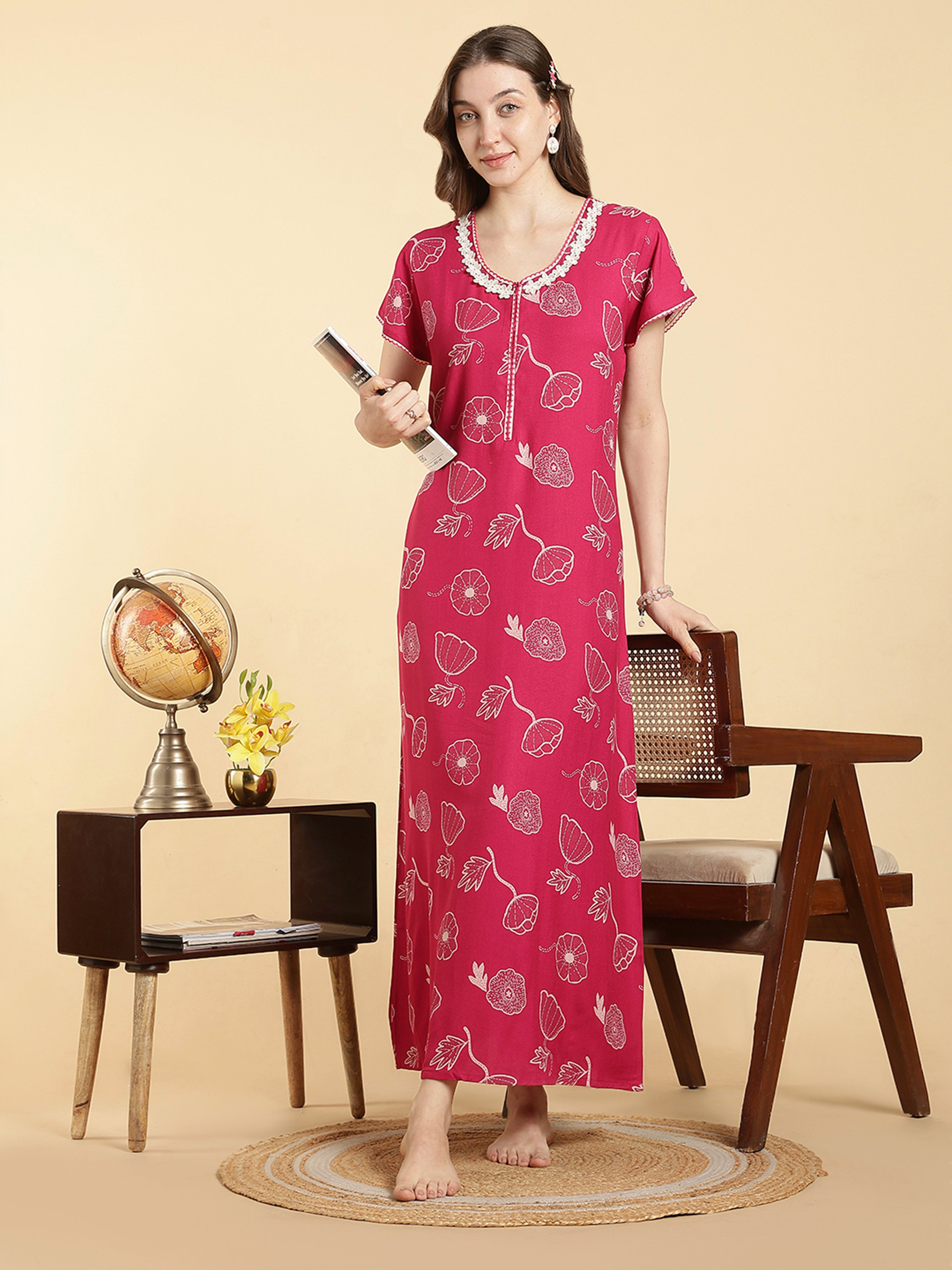 Buy Daisy Pink Alpine Floral A-Line Front Open Nighty Online