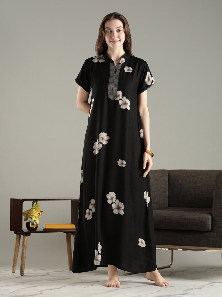 Alpine floral a line dark black nighty for women