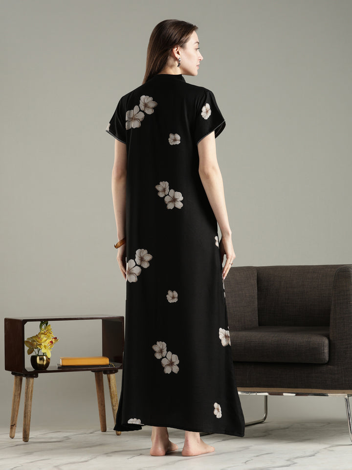 Alpine floral a line dark black nighty for women