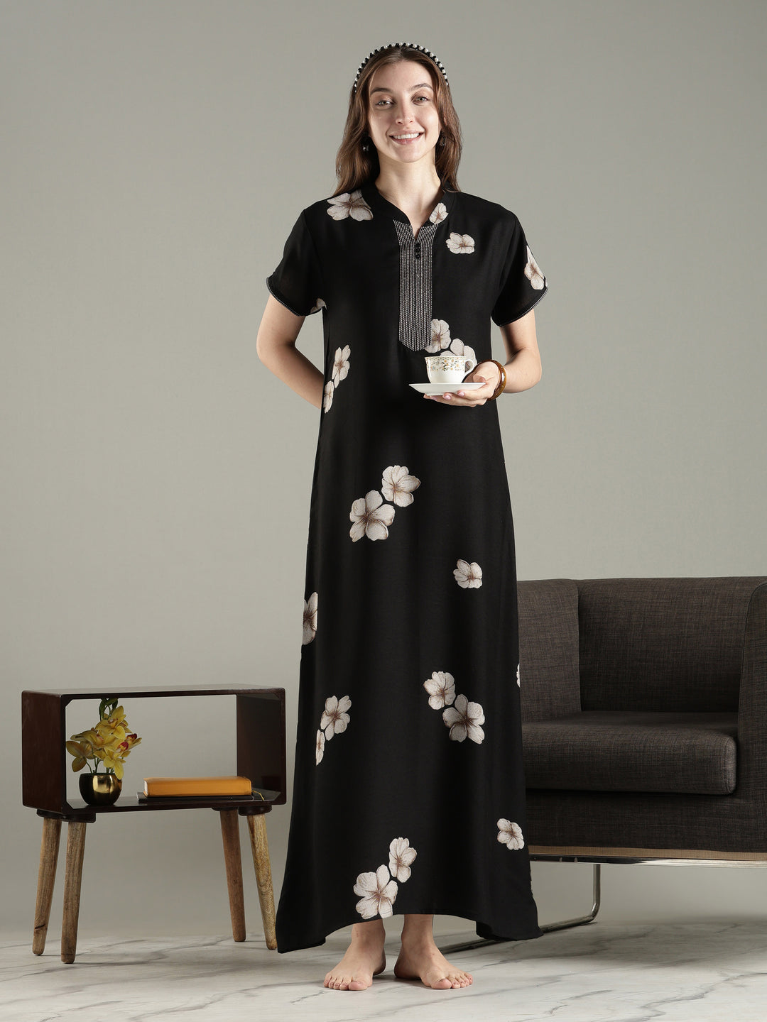 Alpine floral a line dark black nighty for women