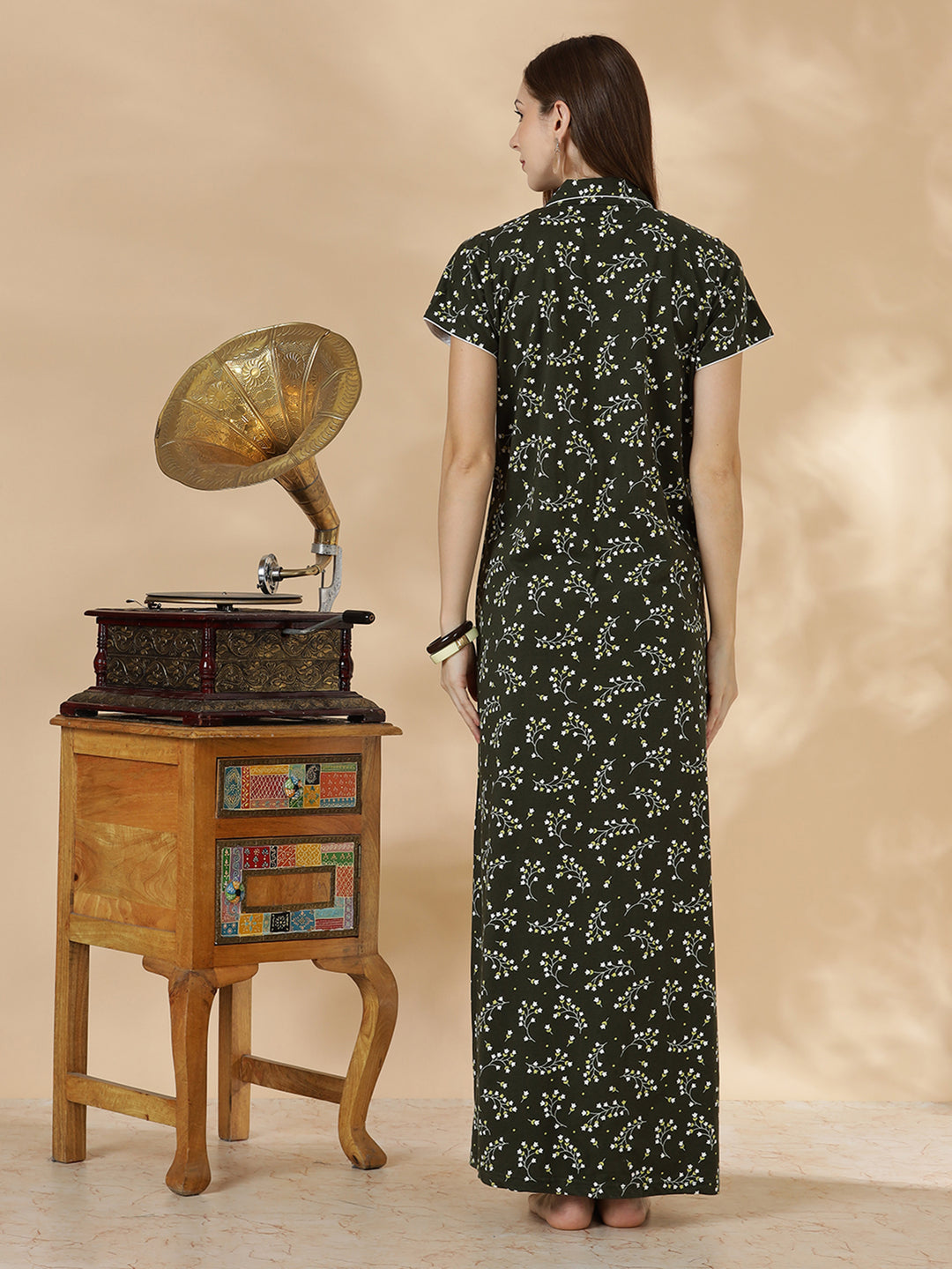 Dark green branded hosiery cotton nighty dress for women