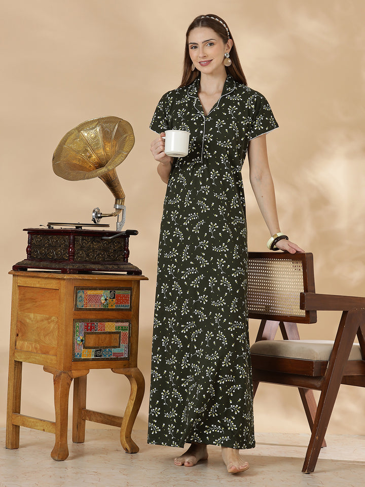 Dark green branded hosiery cotton nighty dress for women