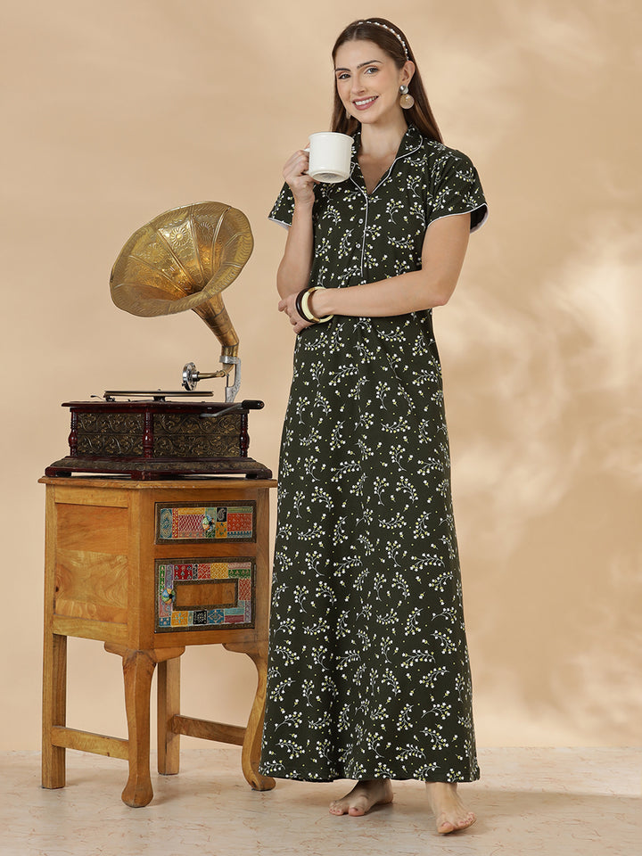 Dark green branded hosiery cotton nighty dress for women