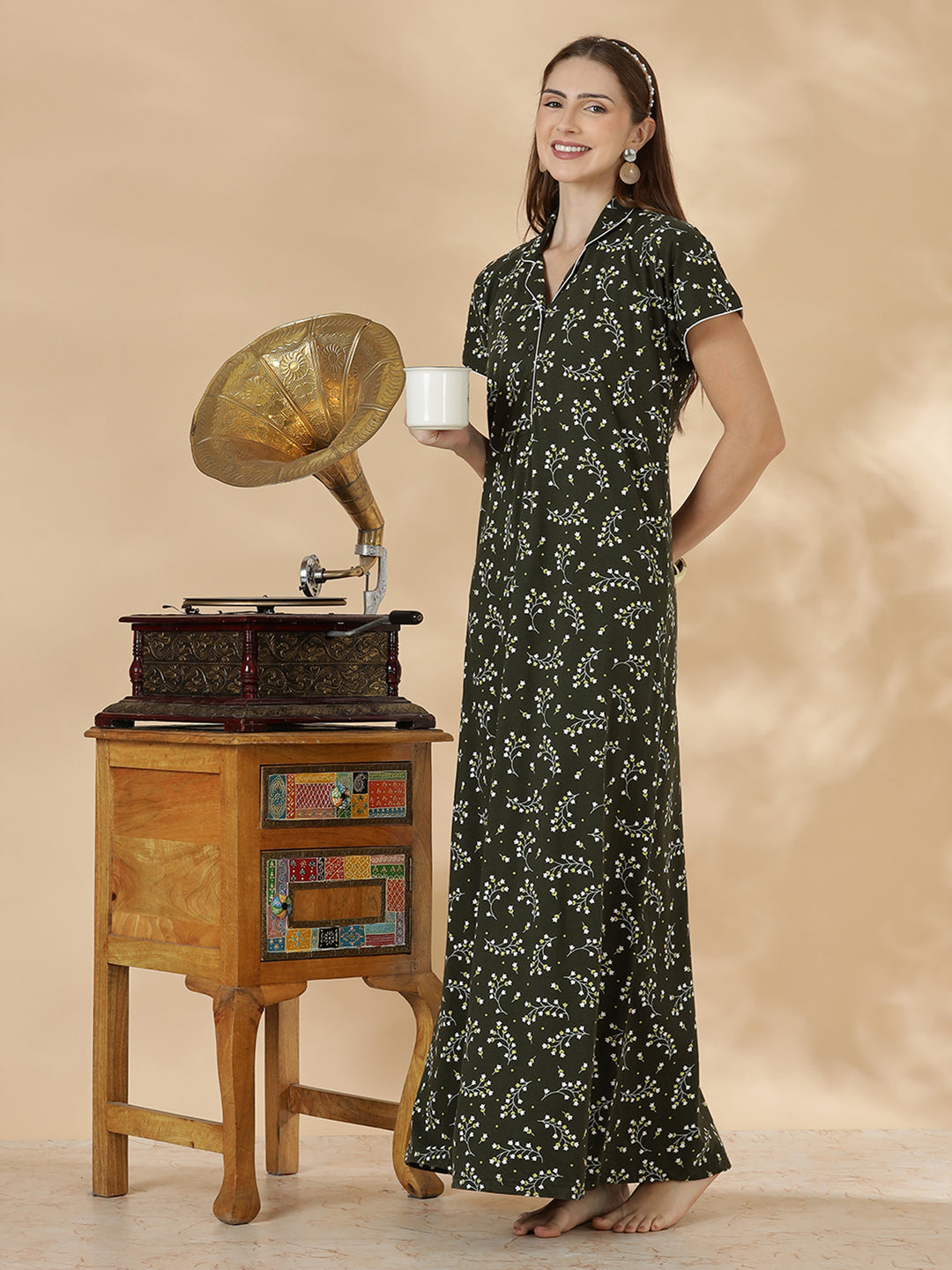 Dark green branded hosiery cotton nighty dress for women