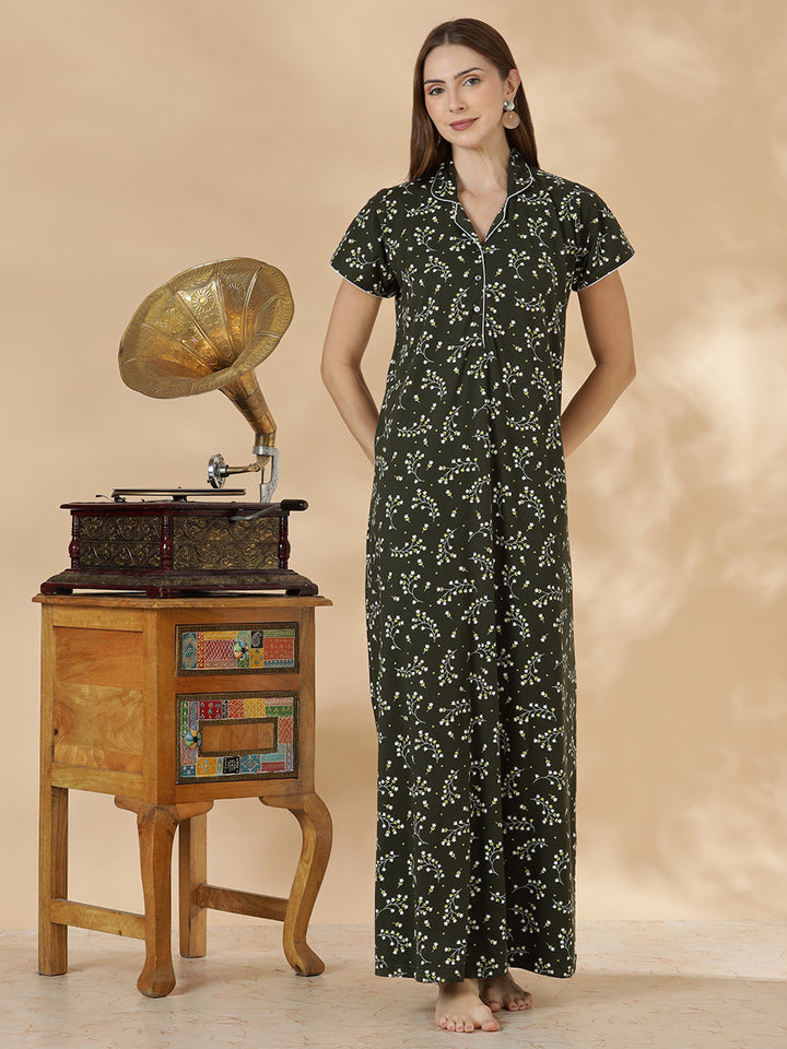 Dark green branded hosiery cotton nighty dress for women