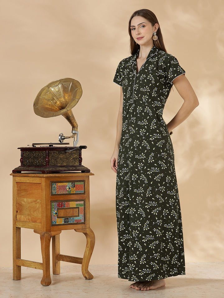 Dark green branded hosiery cotton nighty dress for women