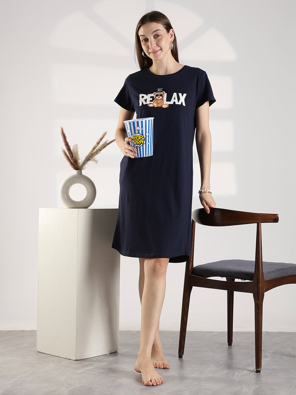 Soft cotton dark navy knee length short nighty for women