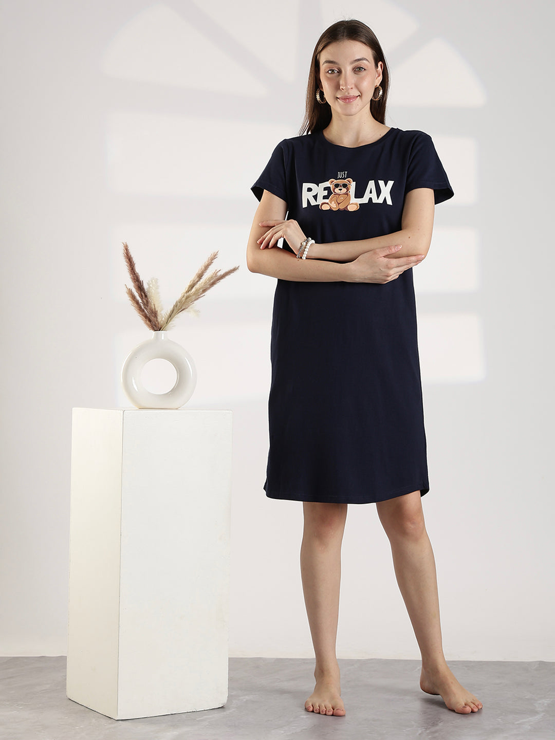 Soft cotton dark navy knee length short nighty for women