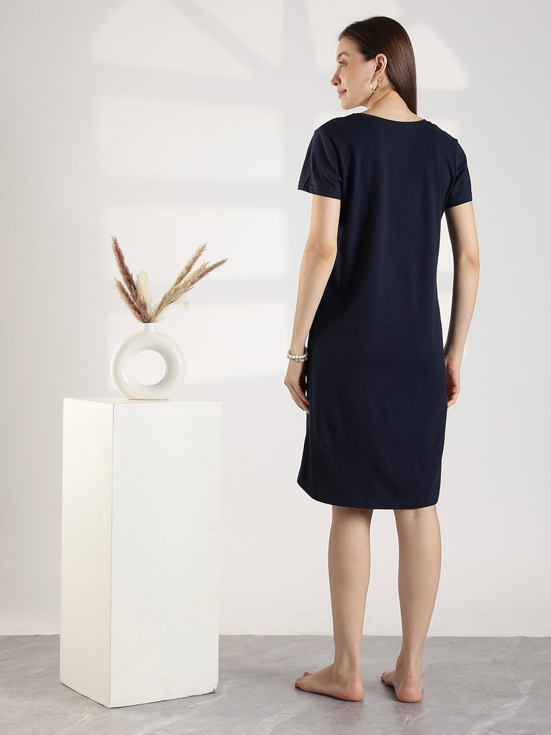 Soft cotton dark navy knee length short nighty for women