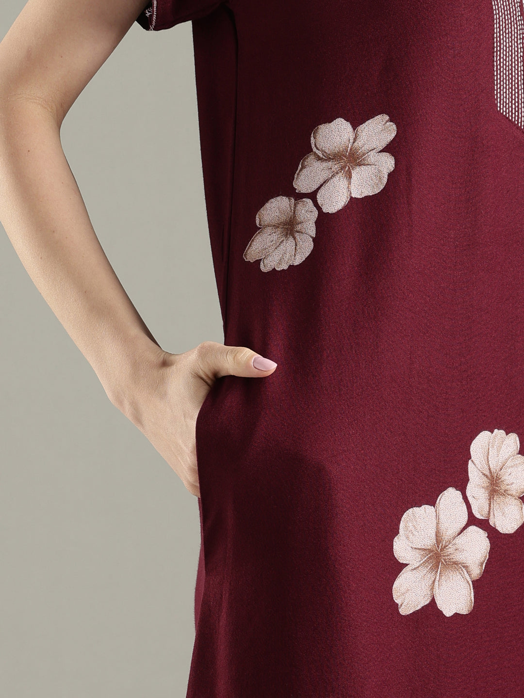 Dark maroon alpine floral a-line nighty dress for women